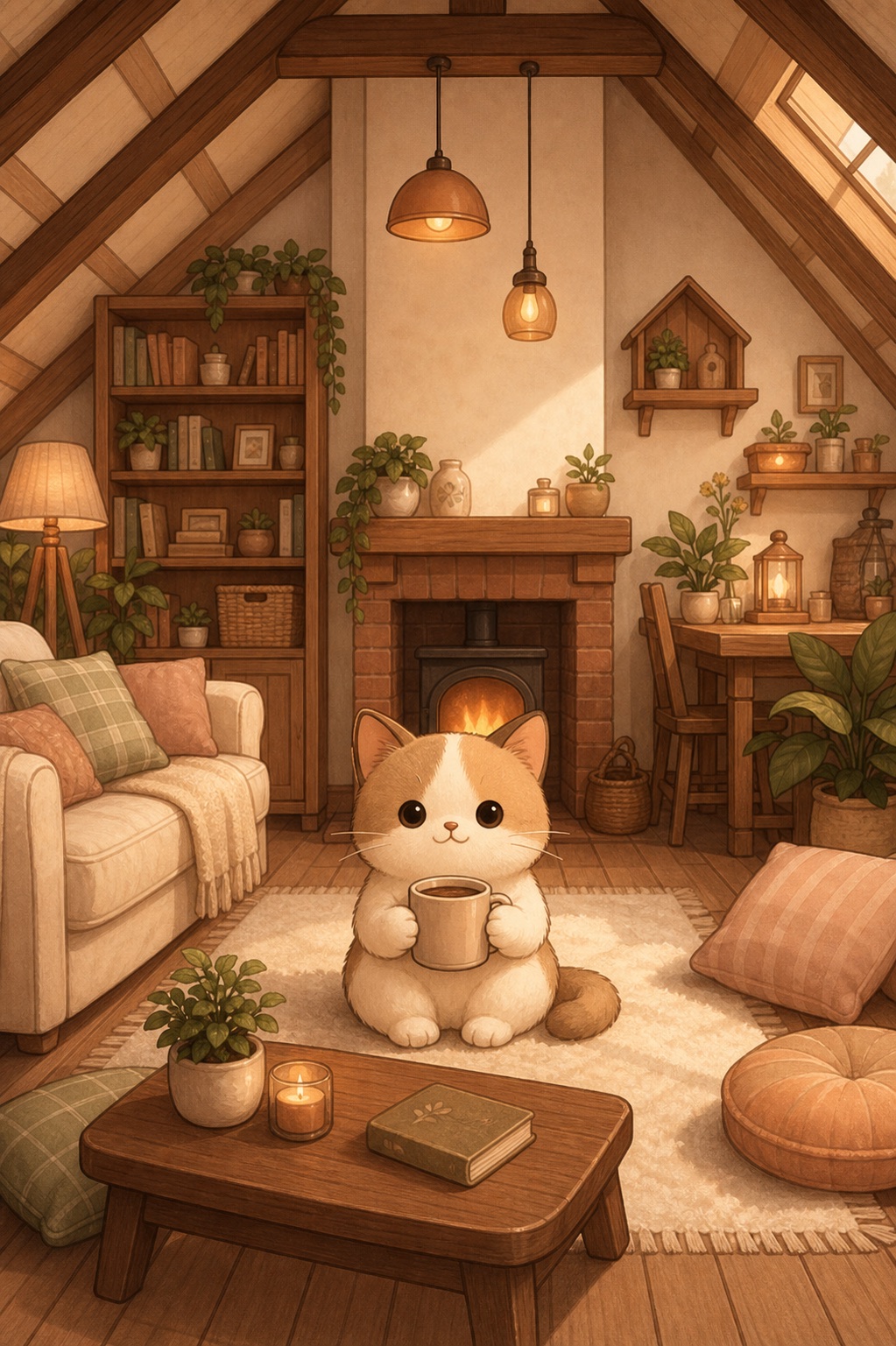 Cozy illustrated room with a warm mug